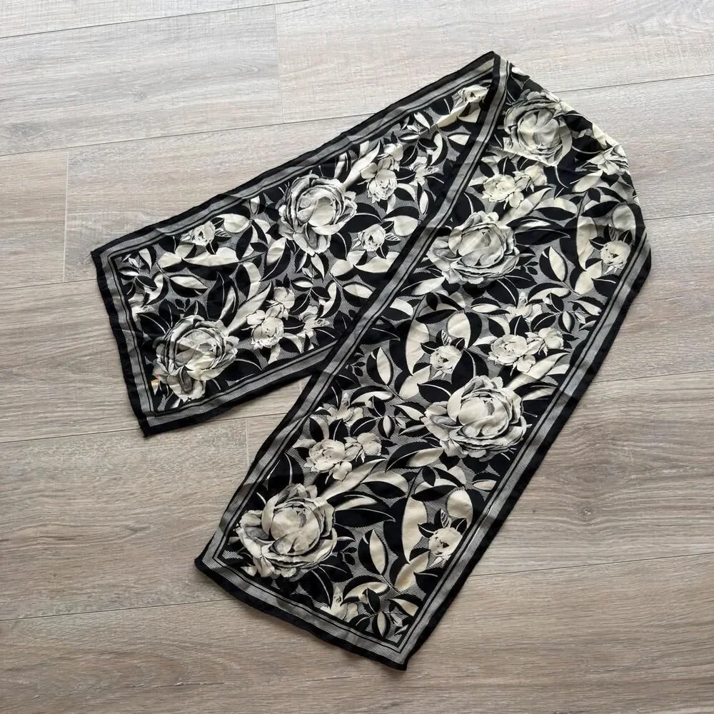 Vintage Black & Cream Floral Silk Twilly Scarf Botanical Old Money Romantic Chic